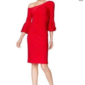 Betsy & Adam Red One-Shoulder Bell-Sleeve Cocktail Dress